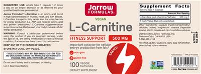 Photo of the Jarrow Formulas L-Carnitine 500 mg label