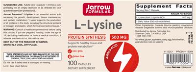 Photo of the Jarrow Formulas L-Lysine 500 mg label