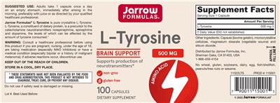 Photo of the Jarrow Formulas L-Tyrosine 500 mg label