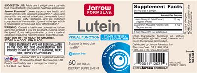 Photo of the Jarrow Formulas Lutein 20 mg label
