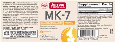 Photo of the Jarrow Formulas MK-7 90 mcg label