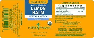 Photo of the Herb Pharm Lemon Balm Alcohol-Free label