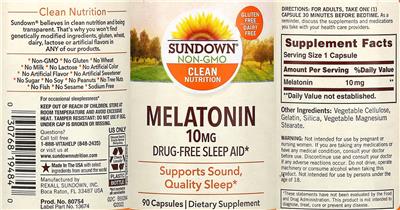 Photo of the Sundown Melatonin 10 mg label