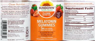 Photo of the Sundown Melatonin Gummies 5 mg Strawberry Flavored label