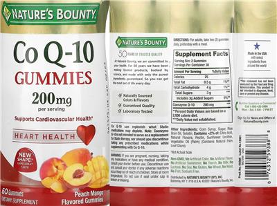 Photo of the Nature's Bounty CoQ-10 Gummies 200 mg Peach Mango Flavored Gummies label