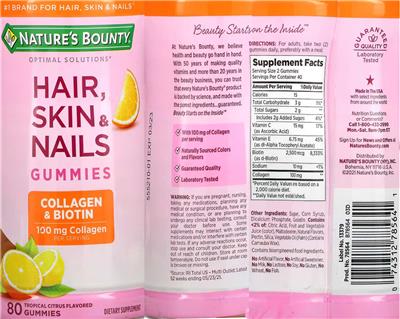 Photo of the Nature's Bounty Optimal Solutions Hair, Skin & Nails Gummies Tropical Citrus Flavored label