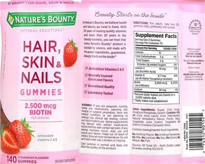 Photo of the Nature's Bounty Hair, Skin & Nails Gummies with Biotin 2500 mcg Strawberry Flavored label