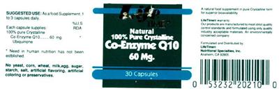Photo of the LifeTIME Co-Enzyme Q10 60 mg label