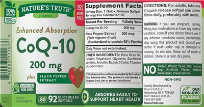 Photo of the Nature's Truth CoQ-10 200 mg plus Black Pepper Extract label
