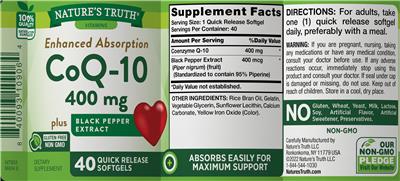 Photo of the Nature's Truth CoQ-10 400 mg plus Black Pepper Extract label