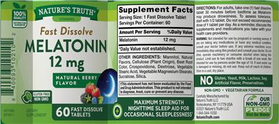 Photo of the Nature's Truth Fast Dissolve Melatonin 12 mg Natural Berry Flavor label