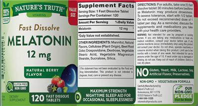 Photo of the Nature's Truth Fast Dissolve Melatonin 12 mg Natural Berry Flavor label