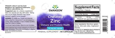 Photo of the Swanson Chelated Zinc 30 mg label