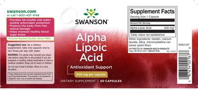 Photo of the Swanson Alpha Lipoic Acid 600 mg label