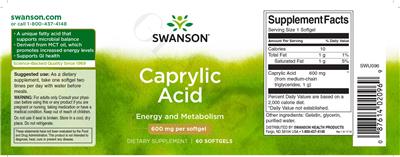 Photo of the Swanson Caprylic Acid 600 mg label