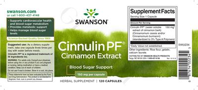 Photo of the Swanson Cinnulin PF Cinnamon Extract 150 mg label