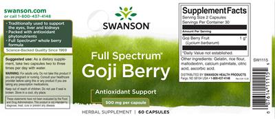 Photo of the Swanson Full Spectrum Goji Berry 500 mg label
