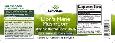 Photo of the Swanson Lion's Mane Mushroom 500 mg label
