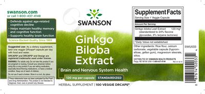 Photo of the Swanson Ginkgo biloba Extract 120 mg label