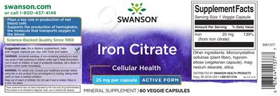 Photo of the Swanson Iron Citrate 25 mg label