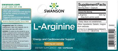 Photo of the Swanson L-Arginine 500 mg label
