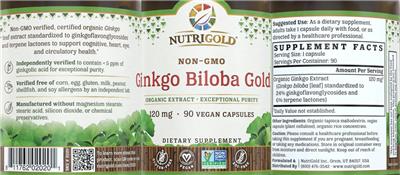Photo of the NutriGold Ginkgo Biloba Gold 120 mg label