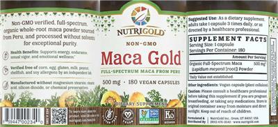 Photo of the NutriGold Maca Gold 500 mg label