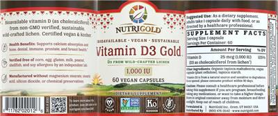 Photo of the NutriGold Vitamin D3 Gold 1,000 IU label
