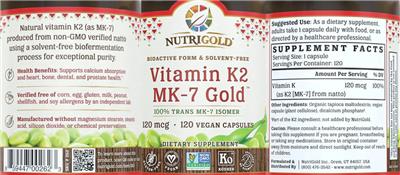 Photo of the NutriGold Vitamin K2 MK-7 Gold 120 mcg label