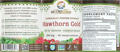 Photo of the NutriGold Hawthorn Gold 300 mg label