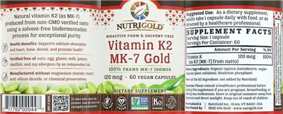 Photo of the NutriGold Vitamin K2 MK-7 Gold 120 mcg label