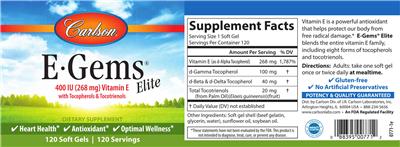 Photo of the Carlson E-Gems Elite 400 IU (268 mg) label