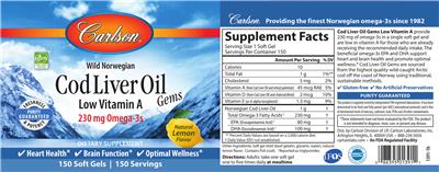 Photo of the Carlson Cod Liver Oil Gems Low Vitamin A Natural Lemon Flavor label