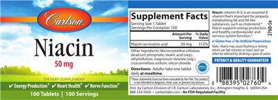 Photo of the Carlson Niacin 50 mg label