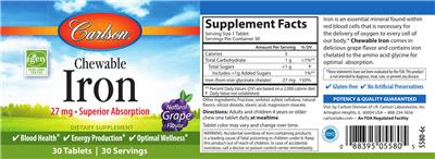 Photo of the Carlson Chewable Iron 27 mg Natural Grape Flavor label