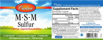 Photo of the Carlson M-S-M Sulfur 1,000 mg label