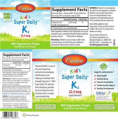 Photo of the Carlson Kid's Super Daily K2 22.5 mcg label
