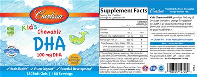 Photo of the Carlson Kid's Chewable DHA 100 mg Bursting Orange Flavor! label