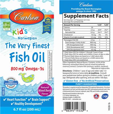 Photo of the Carlson Kid's The Very Finest Fish Oil Natural Mixed Berry Flavor label