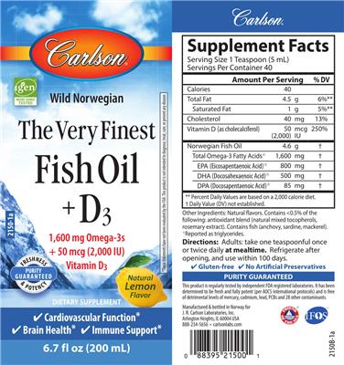 Photo of the Carlson Fish Oil + D3 Natural Lemon Flavor label