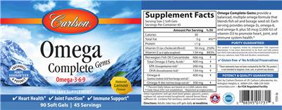 Photo of the Carlson Omega Complete Gems Natural Lemon Flavor label