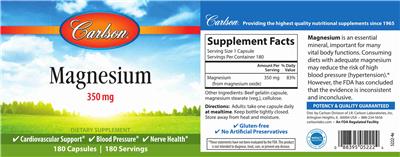 Photo of the Carlson Magnesium 350 mg label