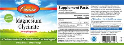 Photo of the Carlson Chelated Magnesium Glycinate 200 mg label