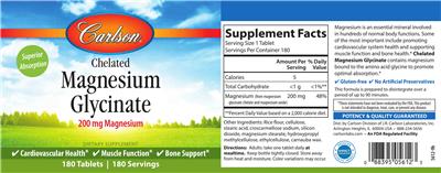 Photo of the Carlson Chelated Magnesium Glycinate 200 mg label