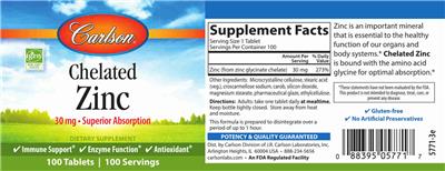 Photo of the Carlson Chelated Zinc 30 mg label