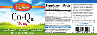 Photo of the Carlson Co-Q10 100 mg label