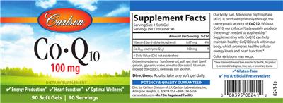 Photo of the Carlson Co-Q10 100 mg label