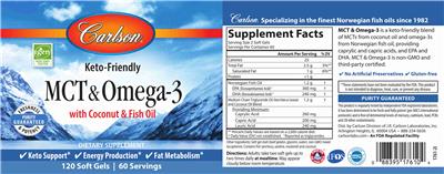 Photo of the Carlson MCT & Omega-3 label