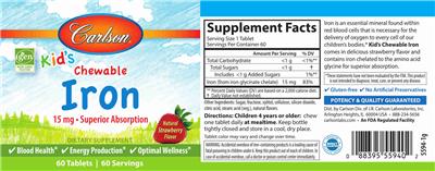 Photo of the Carlson Kid's Chewable Iron 15 mg Natural Strawberry Flavor label
