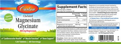 Photo of the Carlson Chelated Magnesium Glycinate 400 mg label
